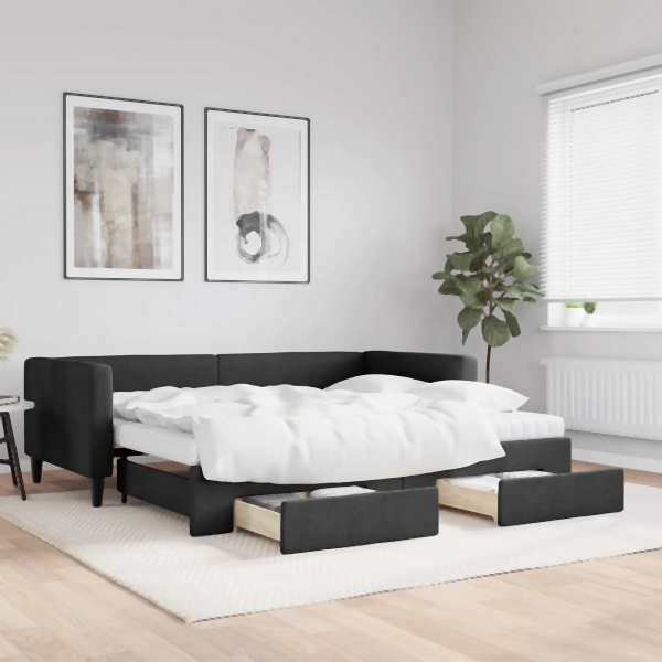 vidaXL Tagesbett Ausziehbar mit Schubladen Schwarz 90x200 cm Stoff, 3196634