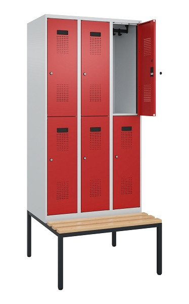 C+P Doppelstock-Spind Evolo PLUS, Bank, 6 Fächer, 2120x900x815mm, 7035/3000, Zylinderschloss, Sitzfläche Buche-Hartholz, Sitzbank, 0493507-30 S10030