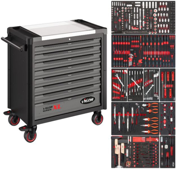 VIGOR Werkstattwagen Series XL, Edelstahl-Arbeitsplatte, mit Sortiment 416-teilig, V4481/416