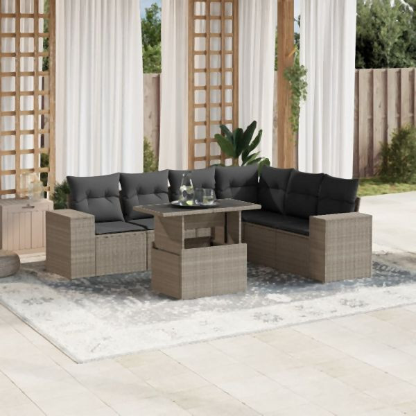 vidaXL 7-tlg. Garten-Sofagarnitur mit Kissen Hellgrau Poly Rattan, 3269192
