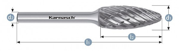 Karnasch Hartmetall-Frässtift unbeschichtet Flamme/HP-8 d1= 8 / l2= 20 / d2= 6 / l1= 65mm, VE: 3 Stück, 114048015