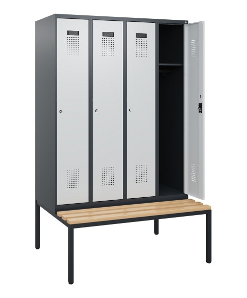 C+P Spind Evolo PLUS, 4 Abteile, 1950x1200x815mm, 7016/7035, Zylinderschloss, Sitzfläche Buche-Hartholz, Sitzbank, 0490505-40 S10044