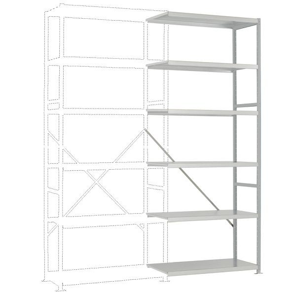 Manuflex Mittelschweres Fachbodenregal lichtgrau Anbauregal mit 6 Stahlböden, HxBxT= 2500 x 1000 x 300 mm, RP2117.7035