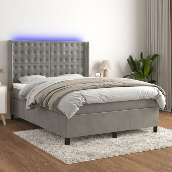 vidaXL Boxspringbett mit Matratze & LED Hellgrau 140x190 cm Samt, 3139799