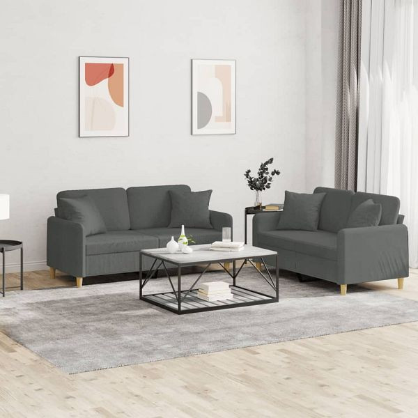 vidaXL 2-tlg. Sofagarnitur mit Kissen Dunkelgrau Stoff, 3202103