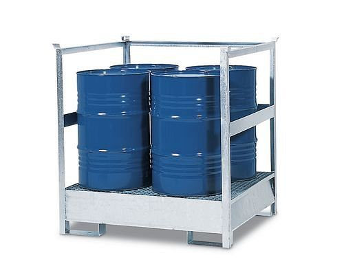 DENIOS Gefahrstoffstation 4 P2-R-V50 aus Stahl, verzinkt, für 4 Fässer à 200 Liter, mit Rahmen, stapelbar, 178418