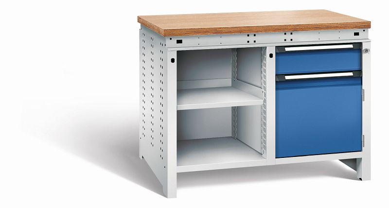 Otto Kind Werkbank Serie function Typ 211, Multiplexplatte 40 mm, bündig, 2x Unterbau, Gehäuse RAL 7035, Front RAL 5010, 072341186