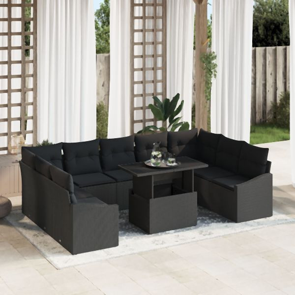 vidaXL Garten Sofa Set Set mit 10 Teilen Schwarz Rattan Garten-Sofa-Set, 3357806