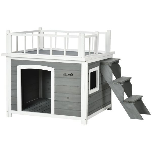PawHut Hundehütte Hundehaus mit Balkon Erhöhtes Kleintierhaus mit Treppe Fenster, D02-145V00LG