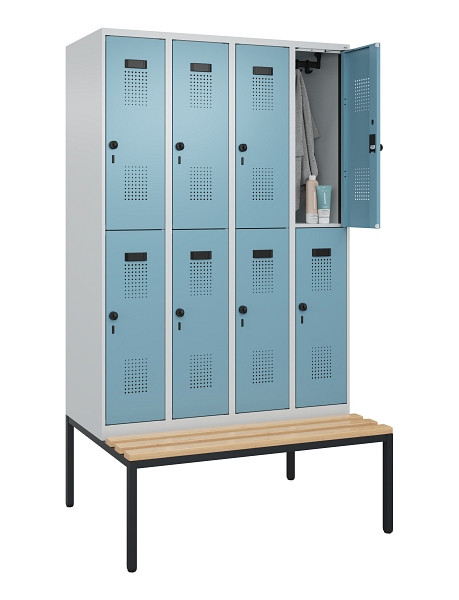 C+P Doppelstock-Spind Evolo PLUS, Bank, 8 Fächer, 2120x1200x815mm, 7035/0010, Drehriegel, Sitzfläche Buche-Hartholz, Sitzbank, 0493507-40 S10009