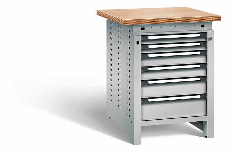 Otto Kind Werkbank Serie function Typ 110, Multiplexplatte, überstehend, 6 Schubladen, mit Zentralverschluss, komplett RAL 9006, 072327296
