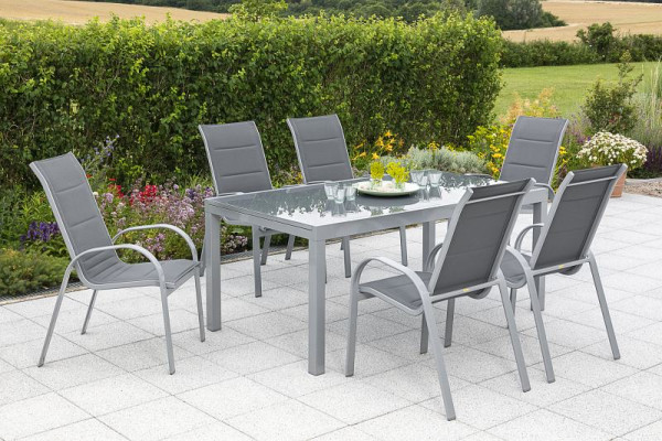 Merxx Amalfi Set 7-teilig, 6 Amalfi Stapelsessel mit hoher Rückenlehne, 1 Semi Ausziehtisch 180 (250) x 100 cm, silber/grau, 50358-309