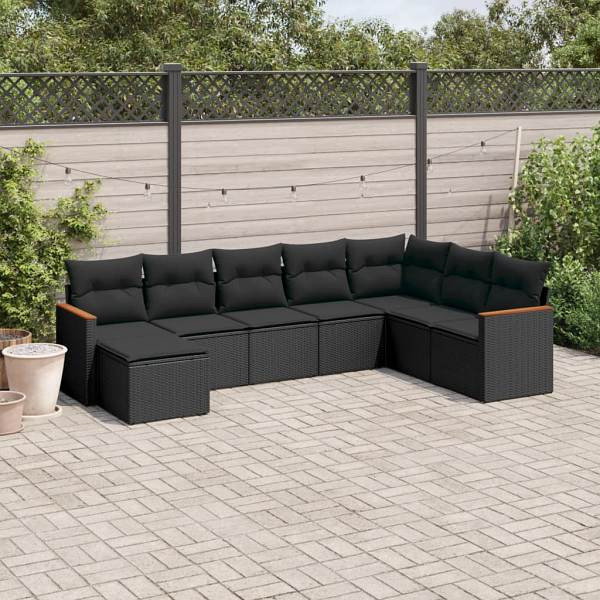 vidaXL 8-tlg. Garten-Sofagarnitur mit Kissen Schwarz Poly Rattan, UV-beständig, 3226244
