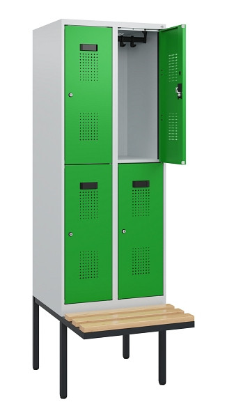 C+P Doppelstock-Spind Evolo PLUS, Bank, 4 Fächer, 1950x600x815mm, 7035/6037, Zylinderschloss, Sitzfläche Buche-Hartholz, 0493405-20 S10038
