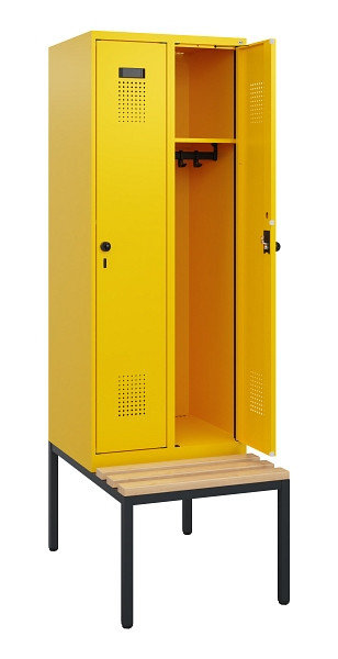 C+P Spind Evolo PLUS, 2 Abteile, 1950x600x815mm, 1023/1023, Drehriegel, Sitzfläche Holz, Sitzbank, 0490505-20 S10027
