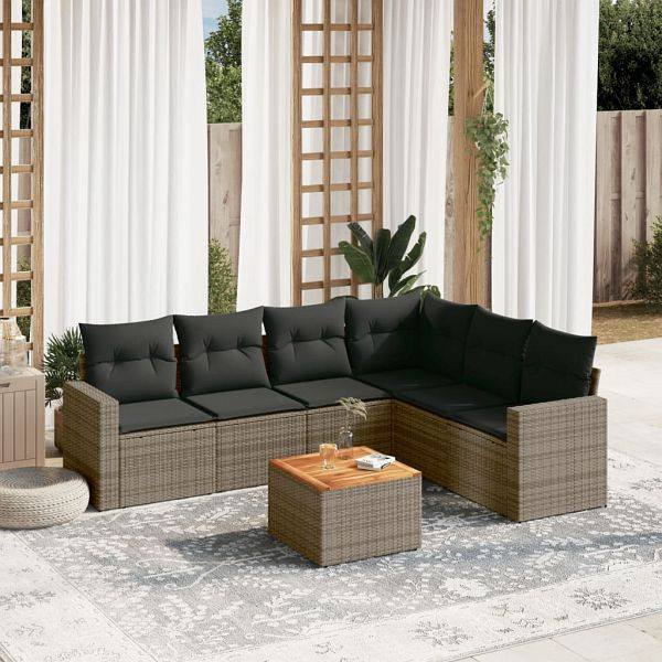vidaXL 7-teilig Garten-Sofagarnitur mit Kissen Grau Poly Rattan, 3256473