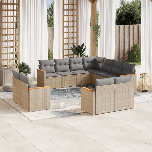 vidaXL 11-teilig Garten-Sofagarnitur mit Kissen Beige Poly Rattan, 3226500