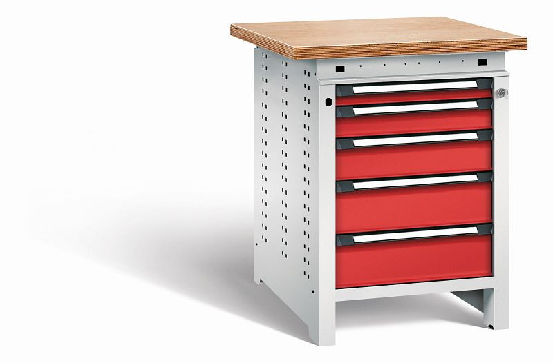 Otto Kind Werkbank Serie function Typ 109, Multiplexplatte, überstehend, 5 Schubladen, mit Zentralverschluss, Gehäuse RAL 7035, Front RAL 3000, 072326234