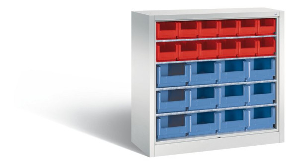 C+P Stahlregal mit Rückwand Serie 13, H1000xB1000xT420 mm, Grau, 4 Einlegeböden, 24 Sichtlagerkästen, 133944-03 S10000