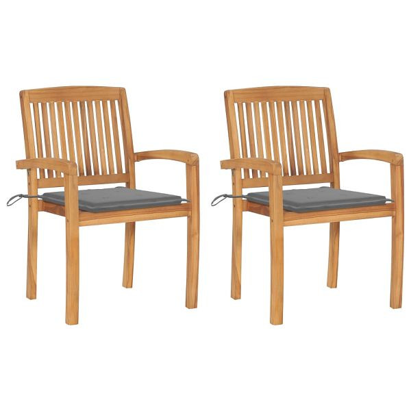 vidaXL Gartenstühle 2 Stück mit Grauen Kissen Massivholz Teak, 3063253