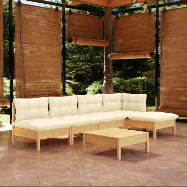 vidaXL 6-tlg. Garten-Lounge-Set mit Creme Kissen Kiefernholz, 3096340