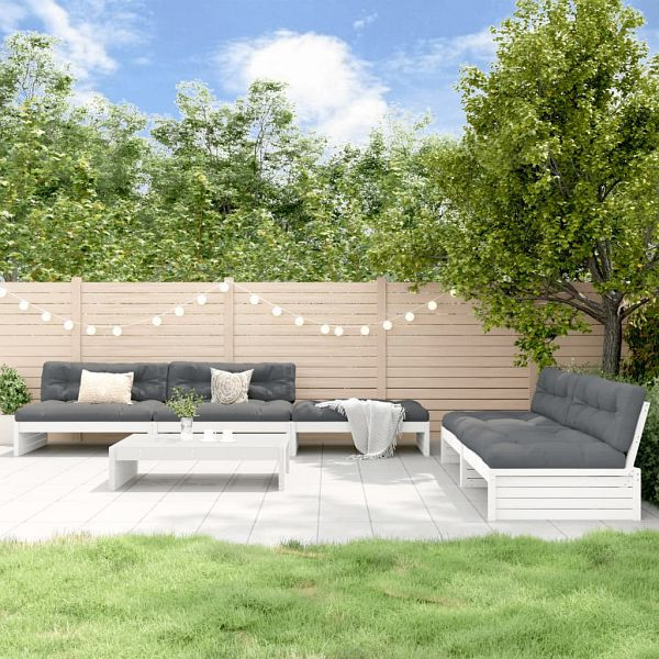 vidaXL 6-teilig Garten-Lounge-Set mit Kissen Weiß Massivholz, 3186152
