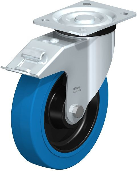Blickle L-POEV 200K-FI-SB Stahlblech-Lenkrolle, mittelschwere Ausführung, mit Anschraubplatte & Feststeller, Elastik-Vollgummi, Blau, 678854