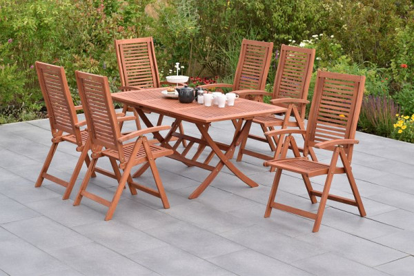 Merxx Cordoba Set 7-teilig, 6 Cordoba Klappsessel, 5-fach verstellbar, 1 Klappausziehtisch, ca. 110 (160) x 90 cm, FSC Eukalyptusholz, 50055-011