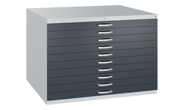 C+P Flachablageschrank Serie 7100_7200, H760xB1100xT765mm, 7035/7016, 10 Schubladenblenden doppelwandig, 7101-000 S10448