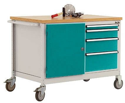 Manuflex Mobile Werkbank Modell 4 mit geölter Multiplex-Abdeckplatte 30 mm BxTxH 1135 x 590 x 810 mm, wasserblau, TP1004.5021