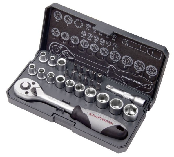 Kraftwerk Steckschlüssel-Satz, Basic, 1/4", 26-teilig, mit Stecknüssen von 4 bis 14 mm, Adapter, Verlängerungen, 204.100.000