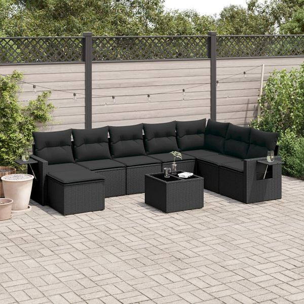 vidaXL 9-teilig Garten-Sofagarnitur mit Kissen Schwarz Poly Rattan, 3252902