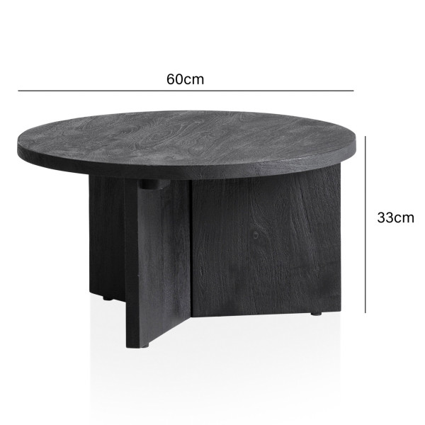 Wohnling Couchtisch 60x60x33 cm Mango Massivholz Schwarz Sofatisch Rund, Kaffeetisch Wohnzimmer Niedrig mit natürlicher Holzmaserung, WL6.985