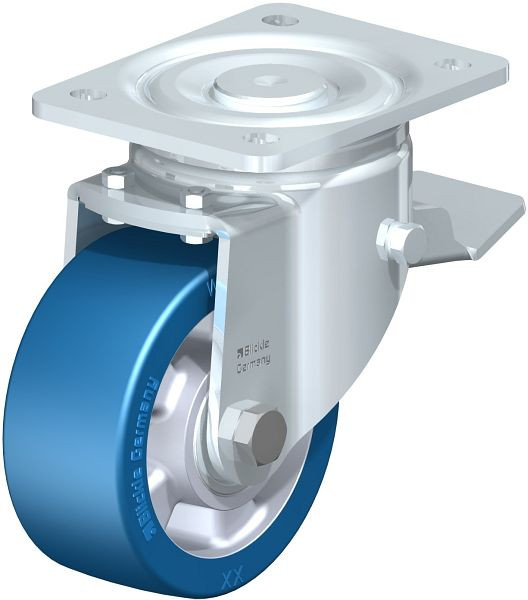 Blickle LH-ALBS 127K-ST Stahlblech-Lenkrolle, Schwerlast-Ausführung, mit Anschraubplatte & Feststeller, Blickle Besthane® Soft, Blau, 852450