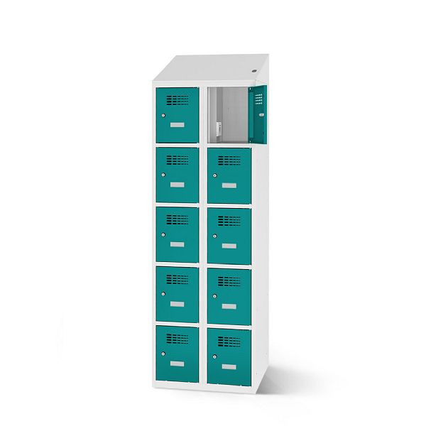 Rotstahl Fächerschrank, 10 Fächer, kurzer Sockel, mit Ladefunktion, Schrägdach, Korpus: lichtgrau, Türen: türkisblau, 2180-020500-0801112-7035-5018