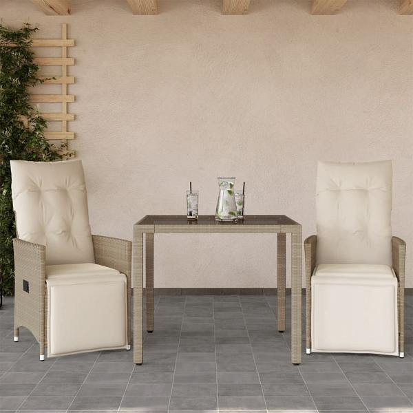 vidaXL 3-tlg. Garten-Bistro-Set mit Kissen Beige Poly Rattan, UV-beständig, 3276937
