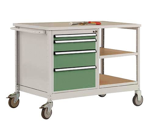 Manuflex Mobile Werkbank Modell 1 mit geölter Multiplex-Abdeckplatte 30 mm BxTxH 1135 x 590 x 810 mm, resedagrün, MW2001.6011