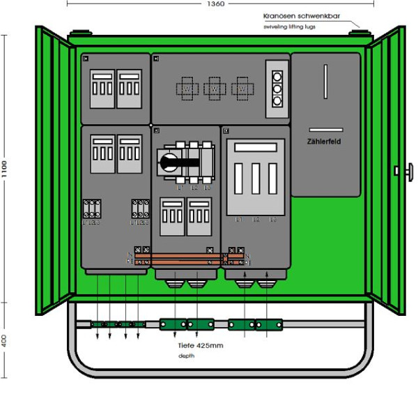 Elektra Tailfingen Anschlussschrank 173 kVA mit Wandlermessung mit 6 NH Abgängen, A 250-1Z-6 AB, 178753