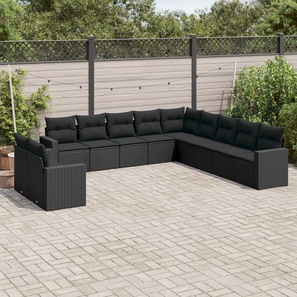 vidaXL 11-teilig Garten-Sofagarnitur mit Kissen Schwarz Poly Rattan, 3251522
