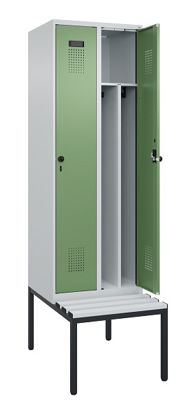 C+P Spind Evolo PLUS, 2 Abteile, 2120x600x815mm, 7035/6011, Drehriegel, Sitzfläche Kunststoff, Sitzbank, 0490507-20F S10064