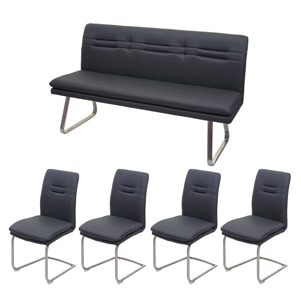 Mendler Esszimmer-Set HWC-H70, Esszimmergruppe Sitzgruppe Esszimmergarnitur, Stoff/Textil Edelstahl gebürstet, dunkelgrau 160cm, 73912+2x73931