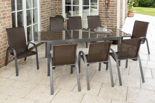 Merxx Varese Set 9-teilig, 8 Varese Stapelsessel, 1 Ausziehtisch 180 (240) x 100 cm, graphit/braun, Aluminiumgestell mit Kunststoffgeflecht, 50380-910