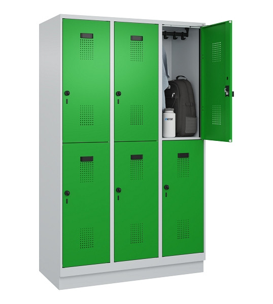 C+P Doppelstöckiger Spind Evolo PLUS, mit Sockel, 6 Fächer, 1950x1200x500mm, 703, Frontfarbe RAL 6037 Reingrün, Drehriegel, 049320-32 S10011