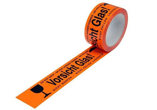 DENIOS Warn-Klebeband, PP, Aufdruck Vorsicht Glas, in warn-orange, 50 mm breit x 66 m, VE: 12 Rollen, 299574