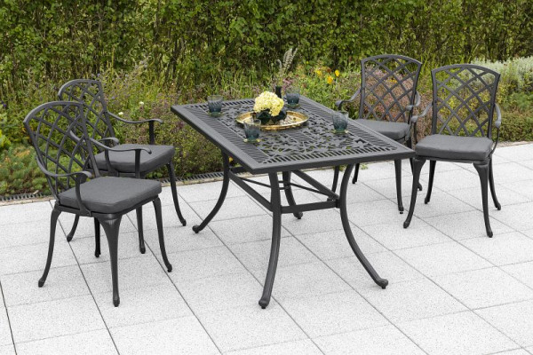 Merxx Rhodos Set 9-teilig, 4 Rhodos Sessel mit Armlehne, 4 Sitzkissen, uni grau, 1 Tisch 140 x 80 cm, Aluminiumguss, 50184-800