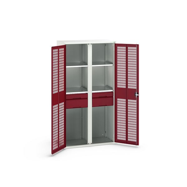 bott verso Garderobenschrank mit Belüftung, mit 4 Fachböden und 4 Schubladen, BxTxH: 1050 x550 x 2000 mm, Lichtgrau / Purpurrot, 16926777.24