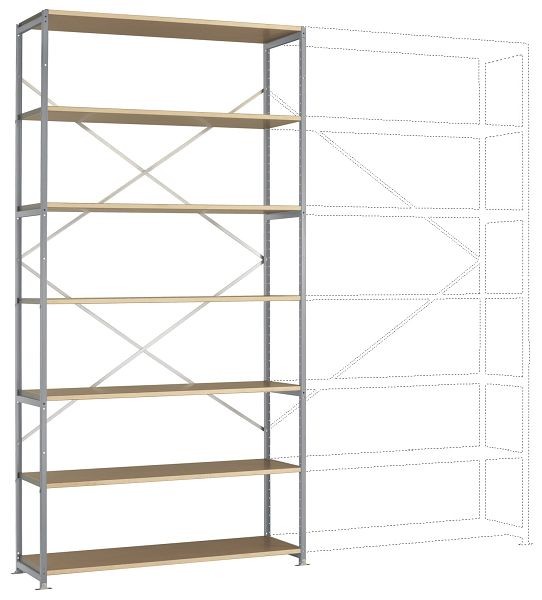 Manuflex Großfach-Steckregal Grundregal mit 7 Holzverbundböden, HxBxT = 3000 x 1530 x 400 mm, alusilber, RP1641.9006