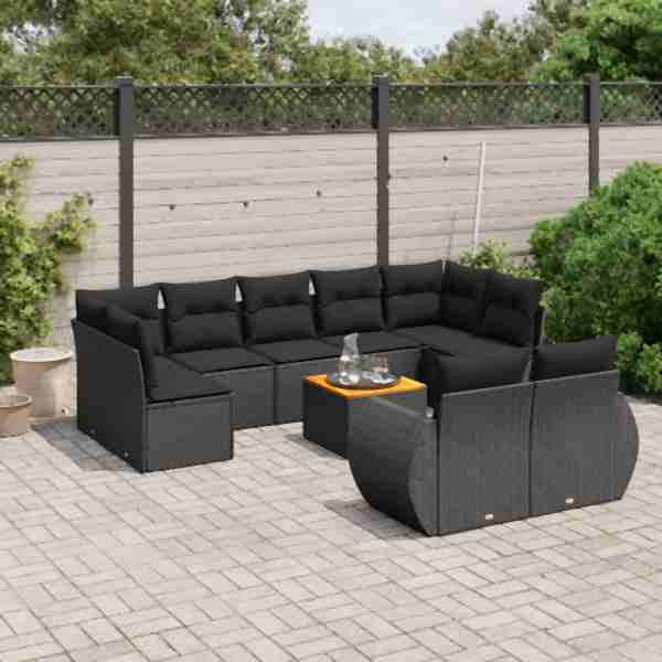 vidaXL 10-tlg. Garten-Sofagarnitur mit Kissen Schwarz Poly Rattan, UV-beständig, 3257483