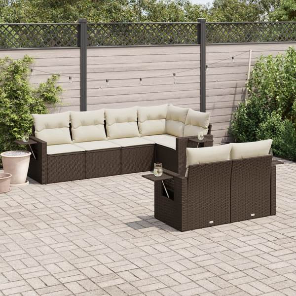 vidaXL 7-tlg. Garten-Sofagarnitur mit Kissen Braun Poly Rattan, UV-beständig, 3252750