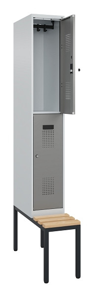 C+P Doppelstock-Spind Evolo PLUS, Bank, 2 Fächer, 2120x300x815mm, 7035/0004, Zylinderschloss, Sitzfläche Buche-Hartholz, Sitzbank, 0493507-10 S10041